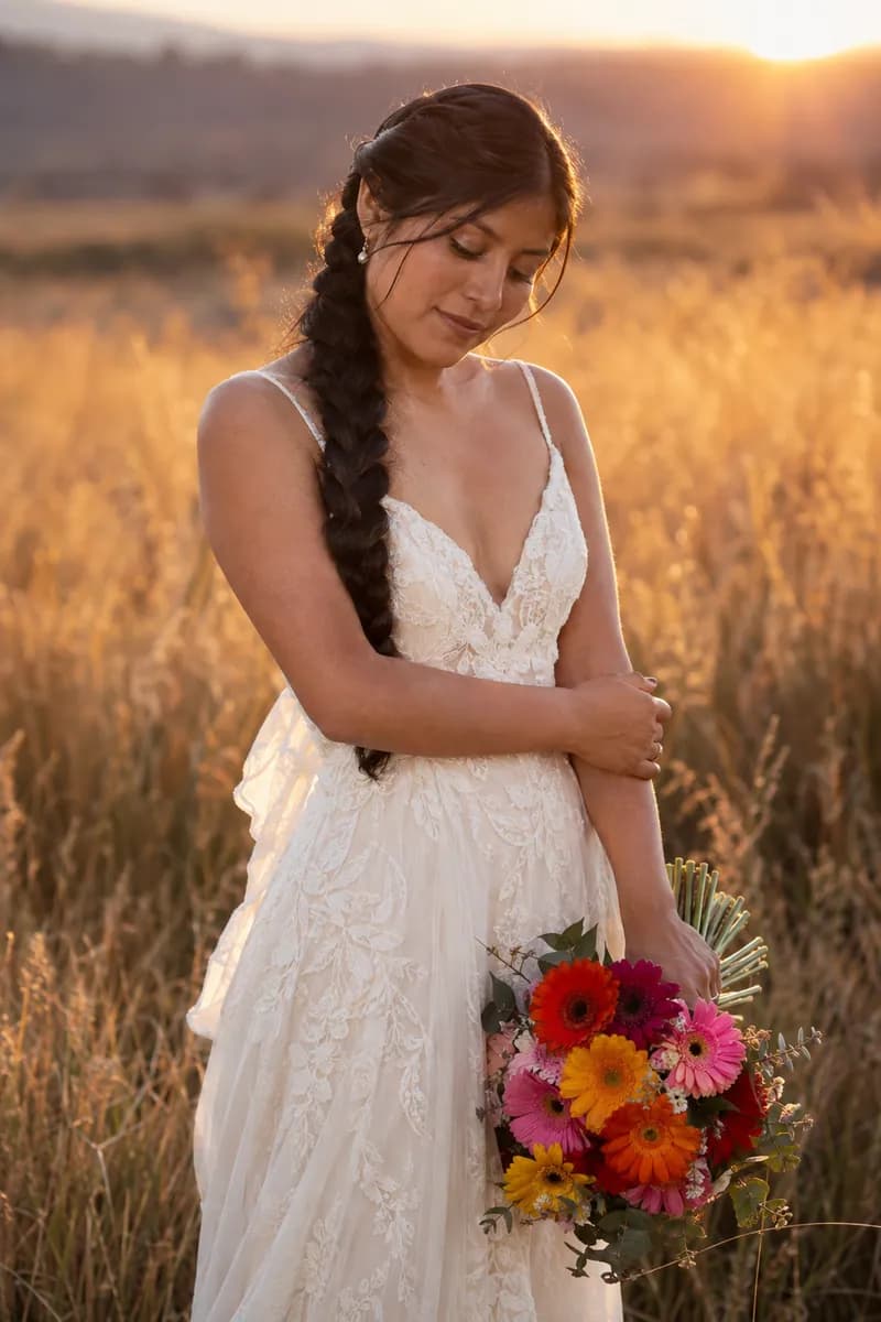 Ilustración creada con IA: novia con vestido bohemio en un campo, cuerpo en tres cuartos y mirada baja al ramo