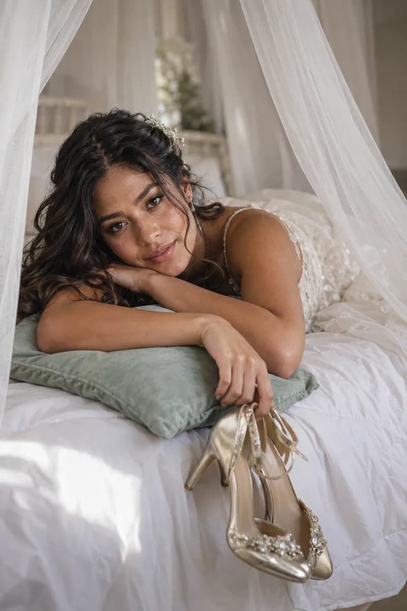 Ilustración creada con IA: novia boca abajo en la cama, antebrazos sobre la almohada, tul y zapatos colgando