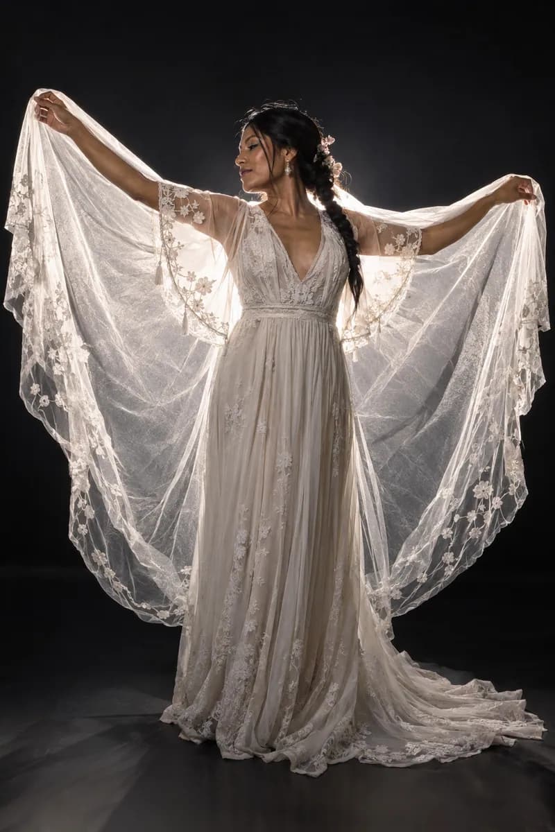 Ilustración creada con IA: novia a contraluz con los brazos abiertos sosteniendo las puntas del velo como alas