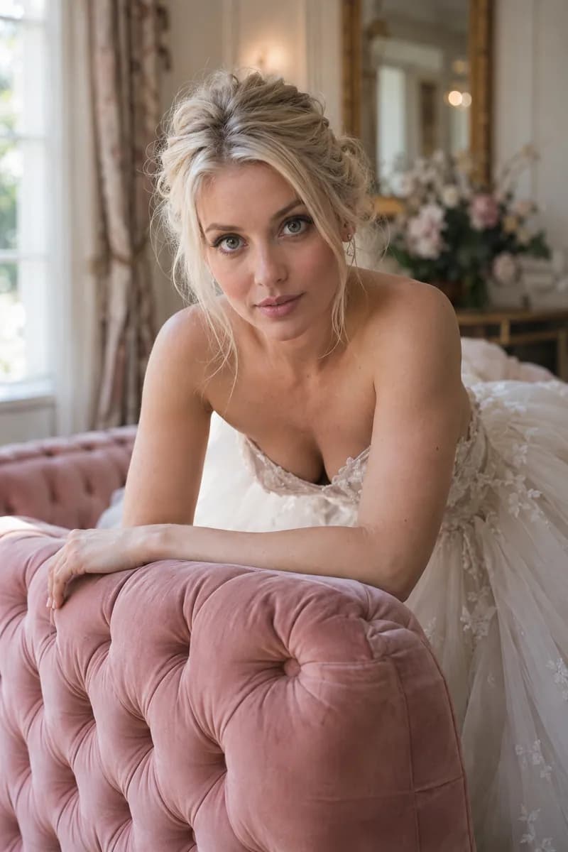 Ilustración creada con IA: novia con vestido de tul apoyada con los antebrazos sobre el respaldo de un sofá rosa