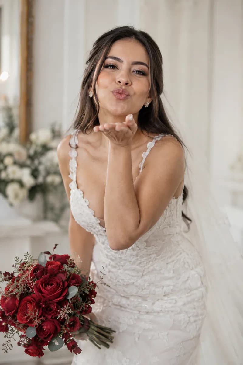 Ilustración creada con IA: novia lanzando un beso con la palma abierta, ramo bajo en la otra mano y mirada pícara