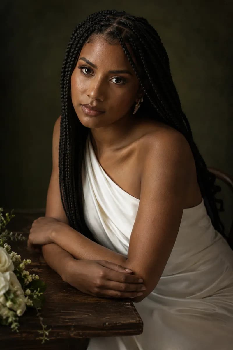 Ilustración creada con IA: novia afrolatina con trenzas sentada de lado, antebrazos cruzados apoyados, luz lateral