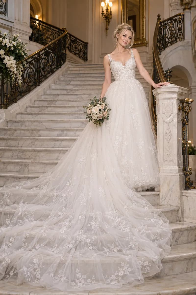 Ilustración creada con IA: novia con vestido de tul en una gran escalera, mano en la barandilla y cola desplegada