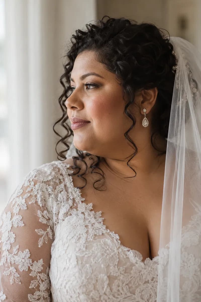 Ilustración creada con IA: novia plus size de perfil con manga de encaje y velo transparente