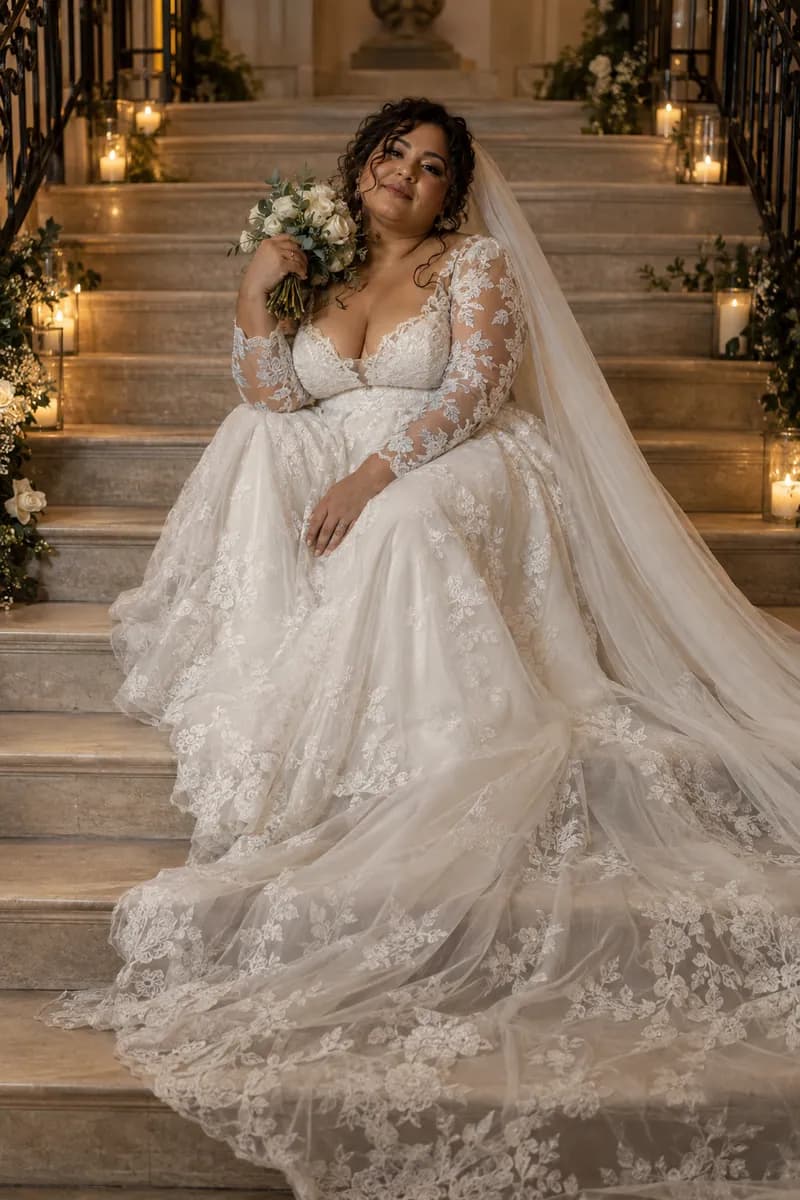 Ilustración creada con IA: novia plus size sentada en una escalera con ramo al hombro y velo extendido