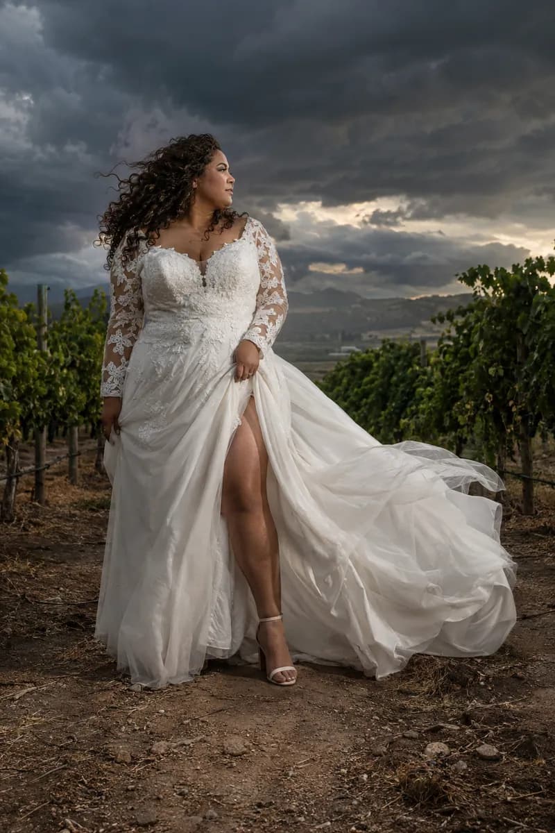 Ilustración creada con IA: novia plus size con vestido de mangas de encaje, paso al frente y falda movida por el viento