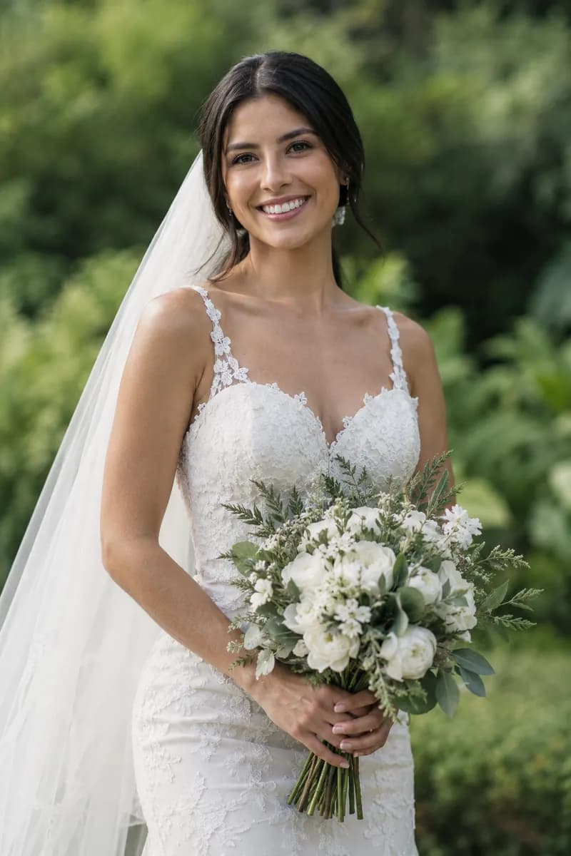 Ilustración creada con IA: novia sonriente con el ramo a la altura del abdomen y velo a un lado