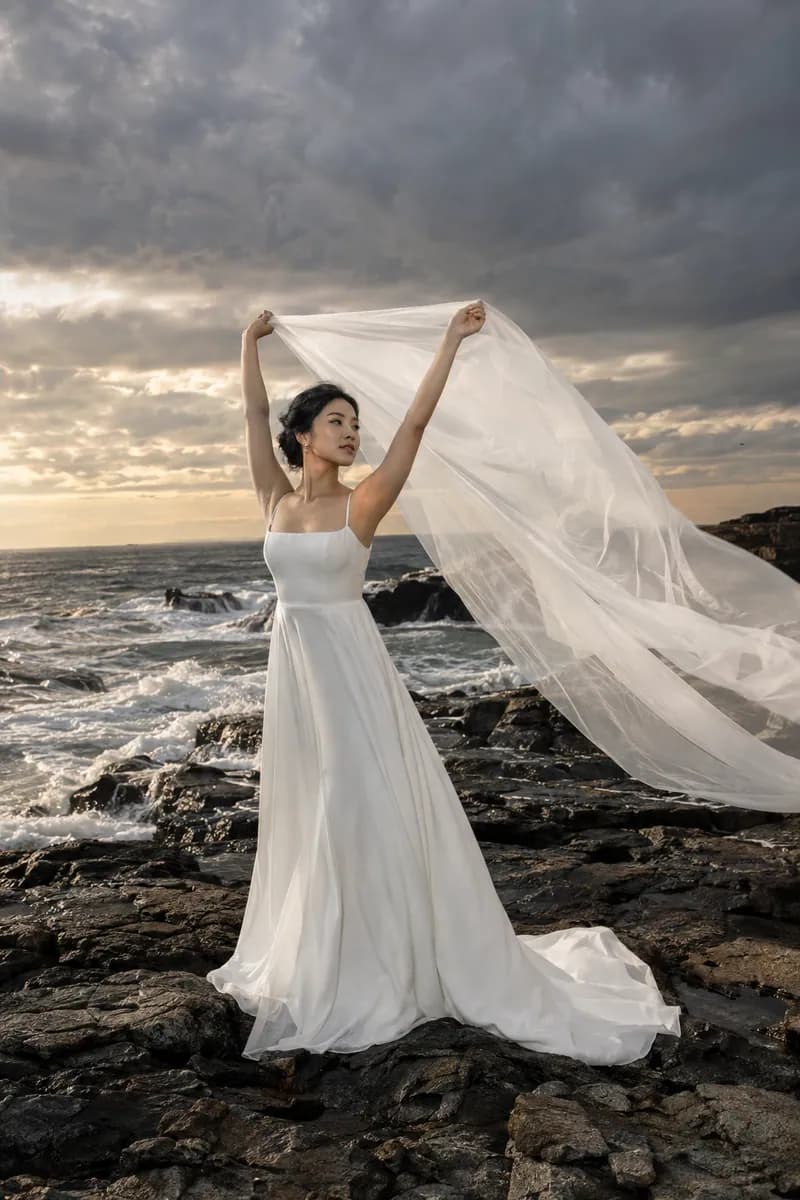 Ilustración creada con IA: novia sobre una roca frente al mar con brazos en V y el velo levantado
