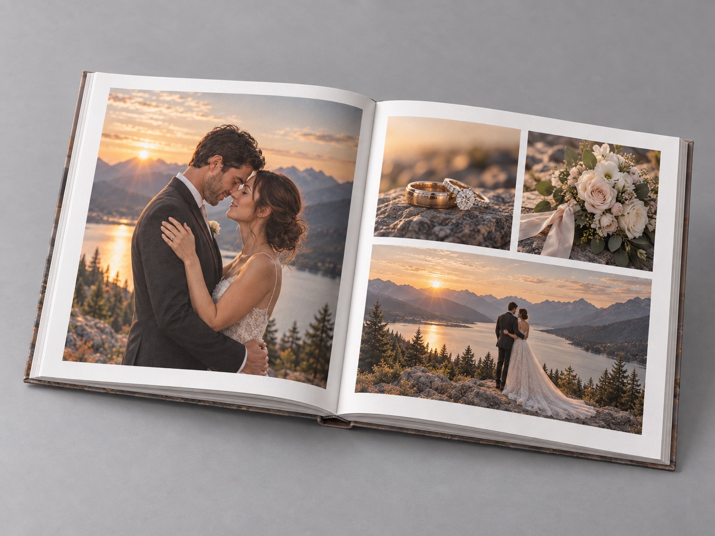 Doble página abierta del PhotoBook Clásico mostrando la distribución real de varias fotos en la hoja