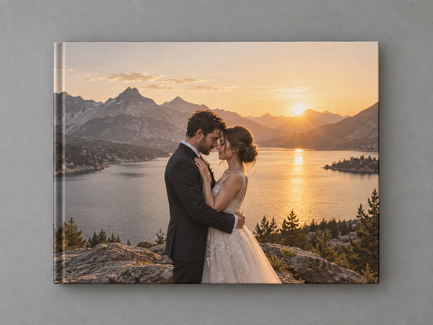 Portada del PhotoBook Clásico apoyada en una superficie exterior con foto de boda al atardecer
