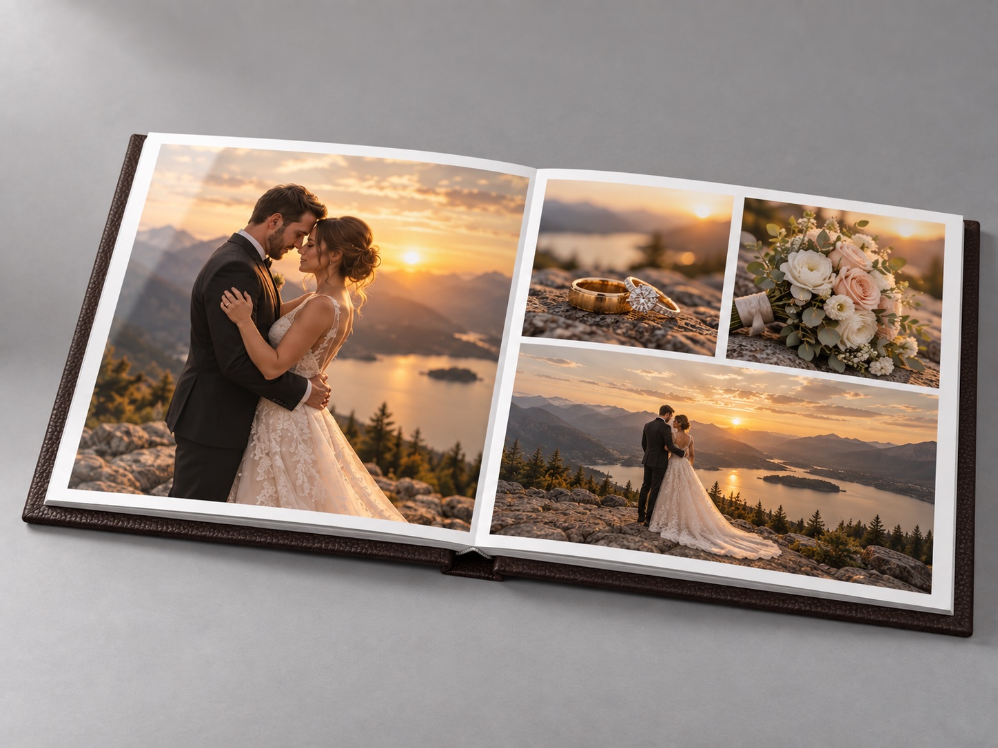 Doble página plana del PhotoBook Lujo mostrando la distribución real de varias fotos