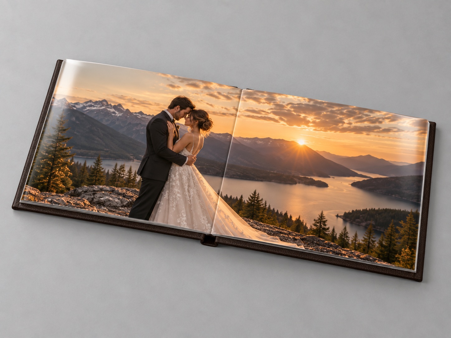 Doble página completamente abierta del PhotoBook Lujo con paisaje montañoso al atardecer