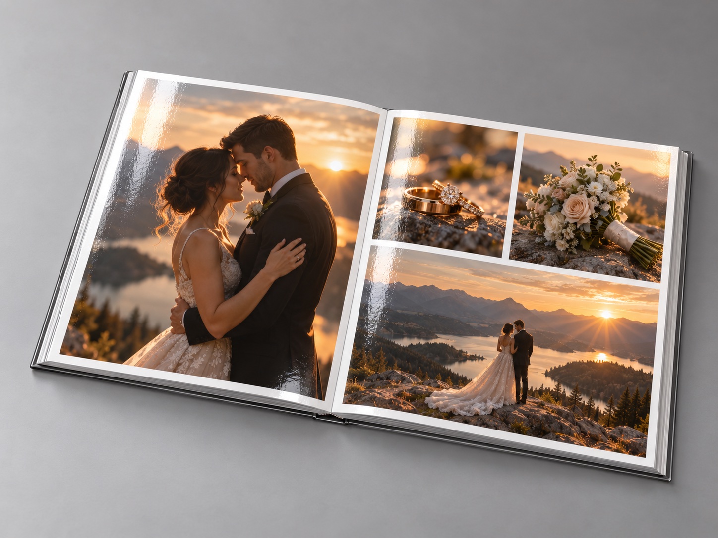 Doble página completamente plana del PhotoBook Premium mostrando la distribución real de varias fotos